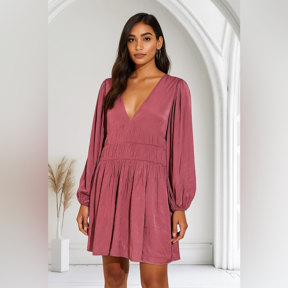 Mustard Seeds Ballon Sleeve Deep V-Neck Satin Dusty Pink Dress women Size S